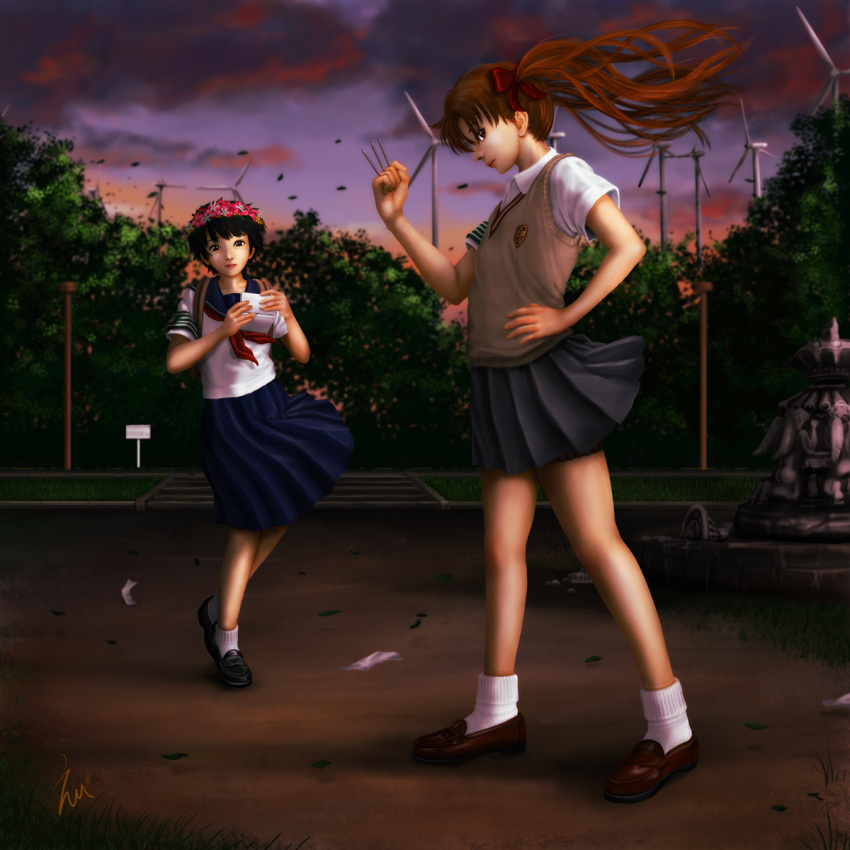 black_hair brown_eyes brown_hair eeotoko flower flower_on_head head_wreath highres long_hair multiple_girls park realistic school_uniform shirai_kuroko short_hair signature skirt to_aru_kagaku_no_railgun to_aru_majutsu_no_index twintails uiharu_kazari wind wind_turbine windmill