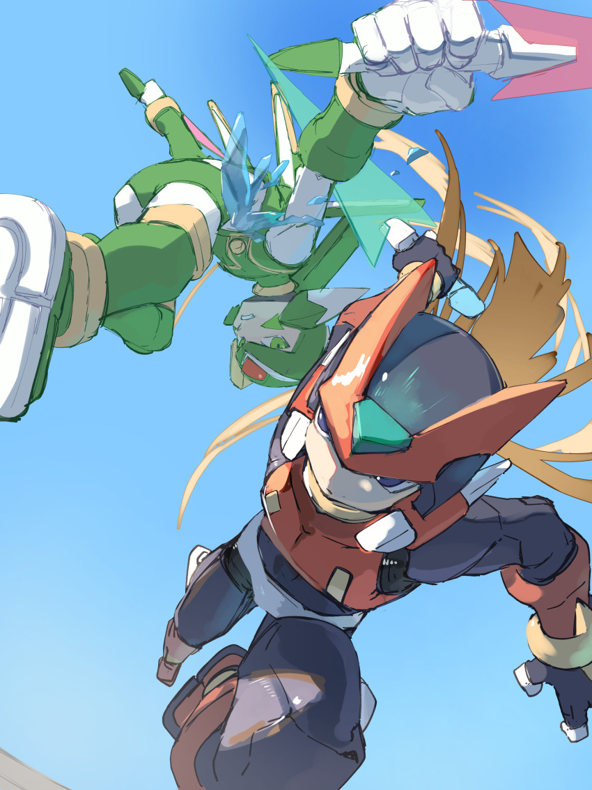 2boys absurdres armor attack black_eyes blonde_hair blue_sky clear_sky commentary_request cutting_another's_hair cutting_hair dodging duel energy_sword forehead_jewel full_body green_armor green_helmet helmet highres holding holding_sword holding_weapon ice long_hair male_focus mega_man_(series) mega_man_zero_(series) mega_man_zero_1 multiple_boys omochi_(mochi_skymega) outdoors red_armor red_helmet sage_harpuia_(mega_man) sky slashing solo_focus sword weapon z_saber zero(z)_(mega_man) zero_(mega_man)