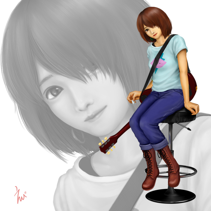 acoustic_guitar brown_eyes brown_hair cross-laced_footwear eeotoko electric_guitar guitar hair_over_one_eye highres hirasawa_yui instrument jeans k-on! plectrum realistic short_hair signature sitting t-shirt zoom_layer