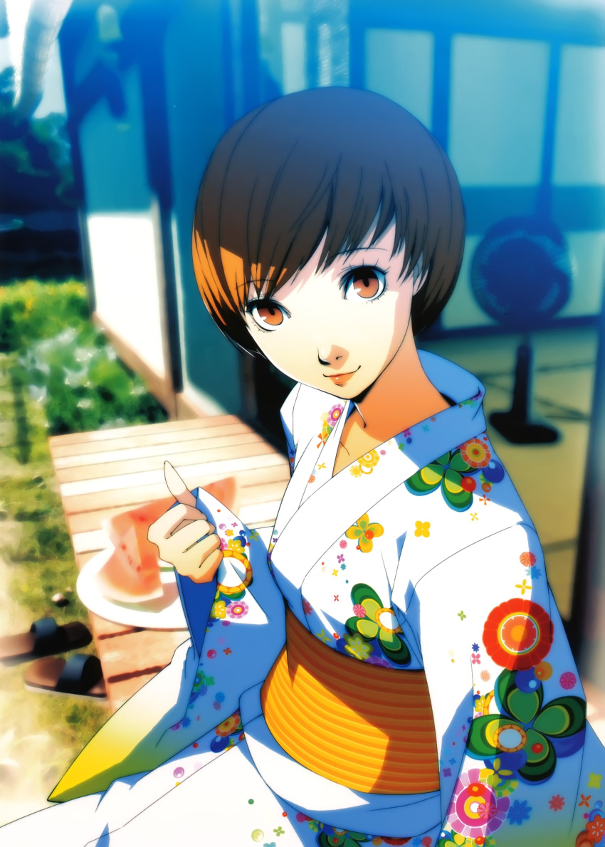 artbook blurry depth_of_field food fruit highres japanese_clothes kimono official_art persona persona_4 satonaka_chie short_hair soejima_shigenori watermelon yukata