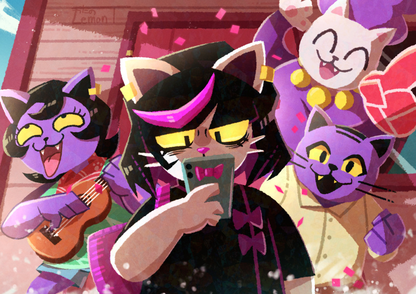 1boy 3girls :3 ^_^ absurdres animal_ears black_hair black_shirt cat_boy cat_ears cat_girl catti_(deltarune) catty_(undertale) clenched_hand closed_eyes colored_sclera colored_skin commentary_request confetti covered_mouth dad_cat_(deltarune) deltarune earrings family fangs fewer_digits foam_finger guitar highres holding holding_guitar holding_instrument holding_phone instrument jewelry mom_cat_(deltarune) multicolored_hair multiple_girls open_mouth phone playing_instrument purple_skin shirt short_hair squinting streaked_hair utdr_(toby_fox) watawata22 whiskers yellow_sclera