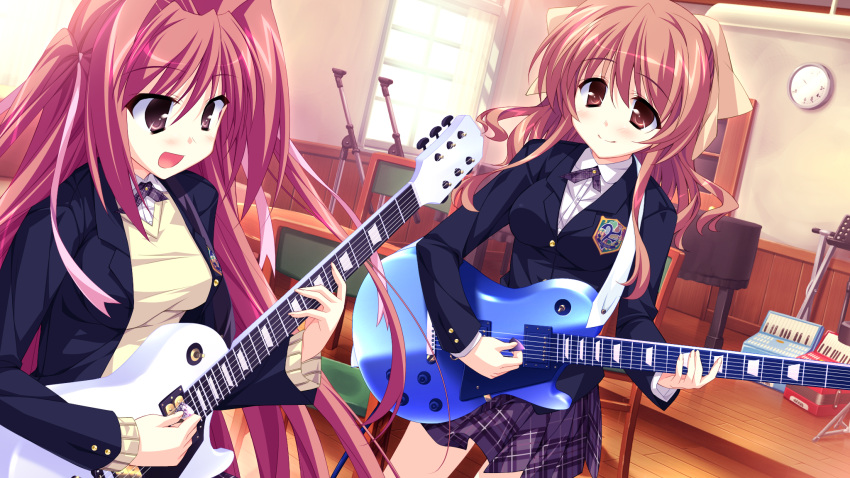 brown_hair game_cg guitar hinata_mutsuki instrument matsuoka_kanade natsume_otona red_hair redhead seifuku skyfish yotsuiro_passionato!