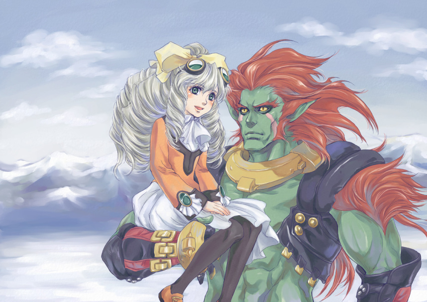1girl aoba-k carrying drill_hair green_eyes height_difference maria_balthasar pantyhose red_hair ricardo_banderas silver_hair size_difference xenogears yellow_eyes