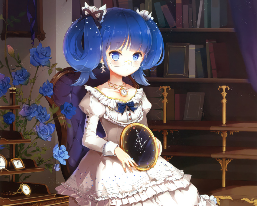 anmi blue_eyes blue_hair dress flower flowers glasses rose twintails