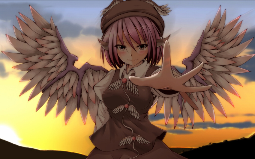 animal_ears blush bust cloud clouds foreshortening hands hat hiro_(pqtks113) mystia_lorelei outstretched_hand pink_hair reaching short_hair smile solo sunset touhou wallpaper wings