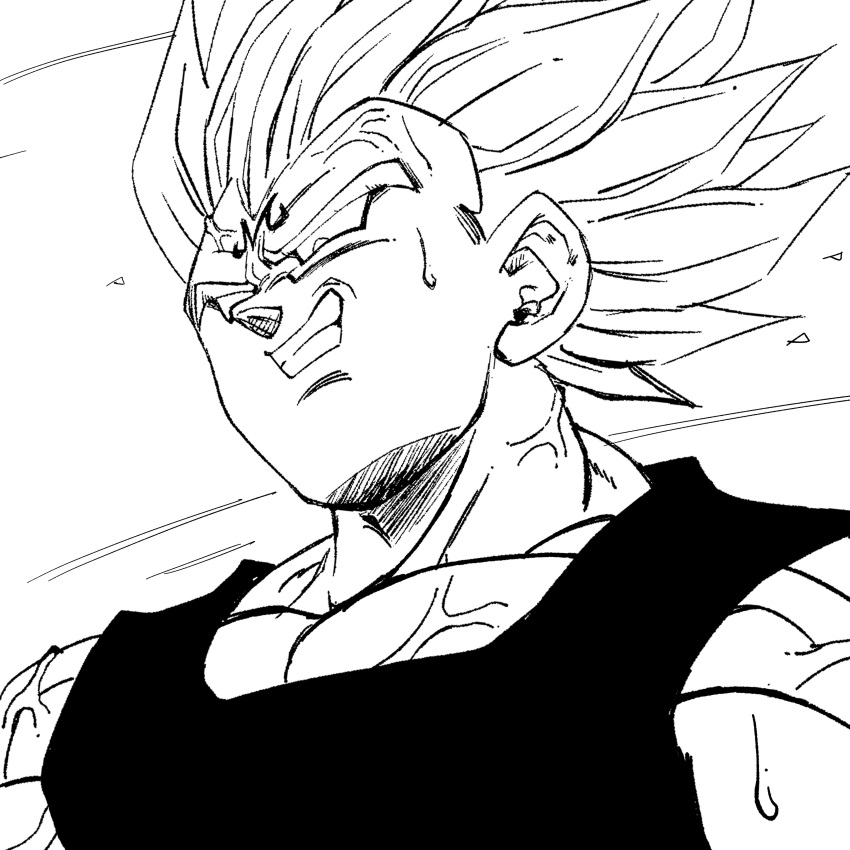 1boy 1rasutotoukou absurdres bodysuit dragon_ball dragon_ball_z forehead_jewel greyscale highres majin_vegeta male_focus monochrome muscular muscular_male parted_lips smirk solo spiky_hair upper_body vegeta