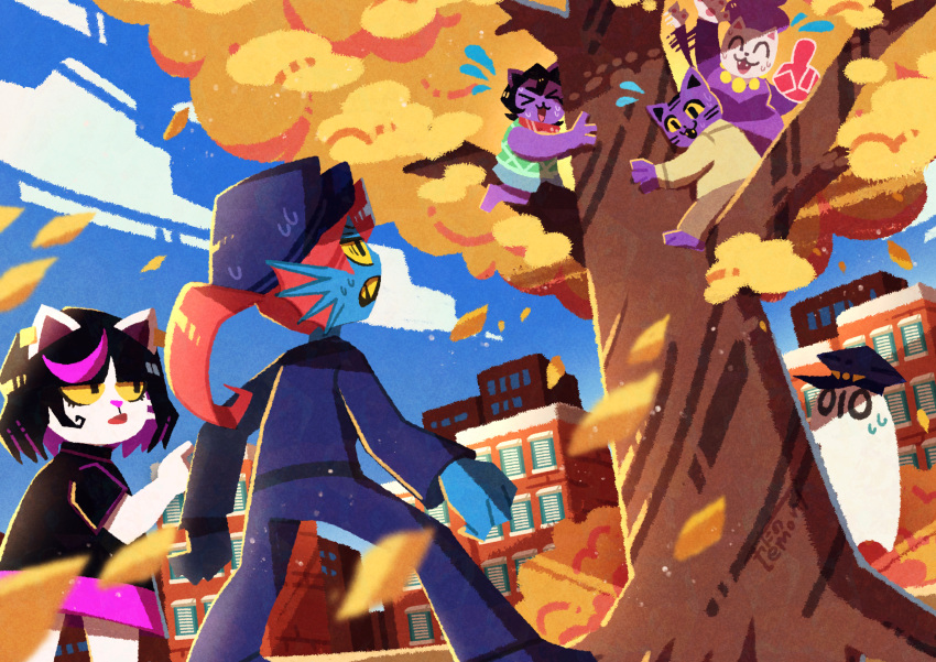 1boy 4girls absurdres black_hair blue_jacket blue_pants blue_skin blue_sky building cat_girl catti_(deltarune) catty_(undertale) chief_undyne clouds colored_sclera colored_skin dad_cat_(deltarune) day deltarune falling_leaves family fins flying_sweatdrops furry furry_female hat head_fins highres in_tree jacket leaf legs_apart looking_at_another mom_cat_(deltarune) multiple_girls napstablook officer_napstablook outdoors pants pointing police police_hat police_uniform ponytail red_hair short_hair sky standing stuck stuck_in_a_tree tree undyne utdr_(toby_fox) watawata22 yellow_sclera