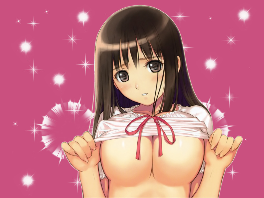 1girl blush breasts cleavage fault highres large_breasts no_bra original shirt_lift simple_background solo taka_tony underboob wallpaper