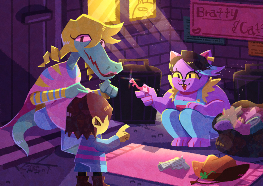 1other 2girls absurdres animal_ears black_hair blonde_hair blue_overalls bratty_(undertale) brown_hair burgerpants cat_ears cat_girl catty_(undertale) child colored_sclera colored_skin commentary_request cowboy_hat crocodile_girl door frisk_(undertale) furry furry_female gun hat highres holding holding_key key light_rays looking_at_another multiple_girls open_mouth overalls pink_sclera pink_skin pointing short_hair smile squatting trash_can undertale unworn_hat unworn_headwear utdr_(toby_fox) watawata22 weapon window yellow_sclera