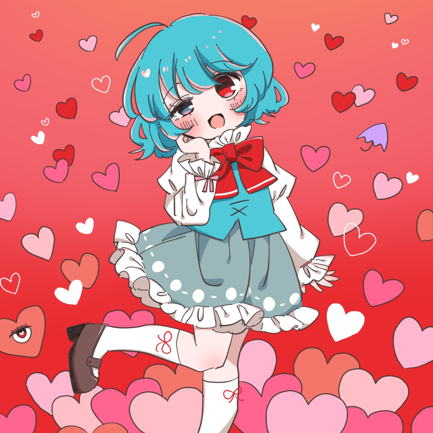 1girl absurdres aqua_hair aqua_vest blue_eyes blue_skirt bow bowtie commentary_request heart heterochromia highres kneehighs long_sleeves looking_at_viewer open_mouth red_bow red_bowtie red_eyes salt_(saltty) shirt short_hair skirt socks solo standing standing_on_one_leg tatara_kogasa touhou vest white_shirt white_socks