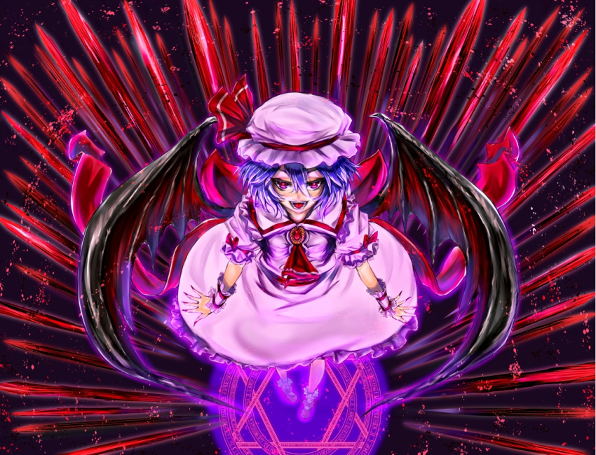 bad_id bat_wings blue_hair daishou from_above hat magic_circle open_mouth purple_eyes remilia_scarlet short_hair solo touhou violet_eyes wings wrist_cuffs wristband