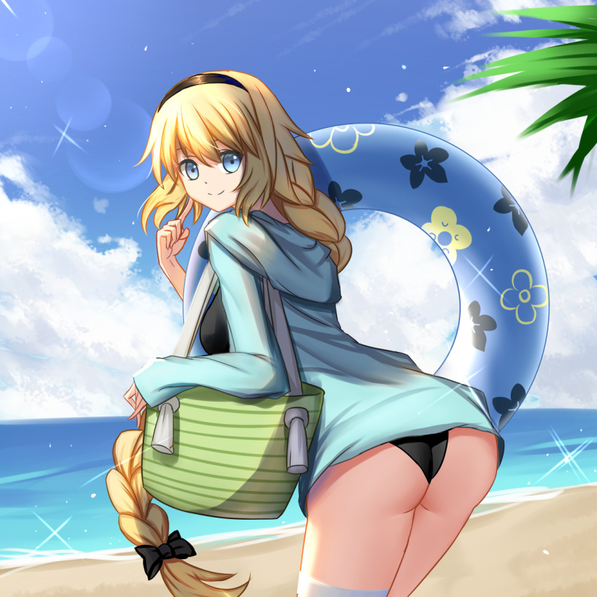 1girl ass bangs beach bikini black_bikini black_bow black_hairband blue_eyes blue_innertube blue_jacket blue_sky bow braid closed_mouth clouds cloudy_sky commentary_request day fate/apocrypha fate/grand_order fate_(series) floral_print hair_between_eyes hair_bow hairband hood hood_down hooded_jacket horizon innertube jacket jeanne_d'arc_(fate) jeanne_d'arc_(fate)_(all) leaning_forward long_hair long_sleeves looking_at_viewer looking_back ocean outdoors palm_tree sand sky sleeves_past_wrists smile solo swimsuit tree user_awm7451 very_long_hair water