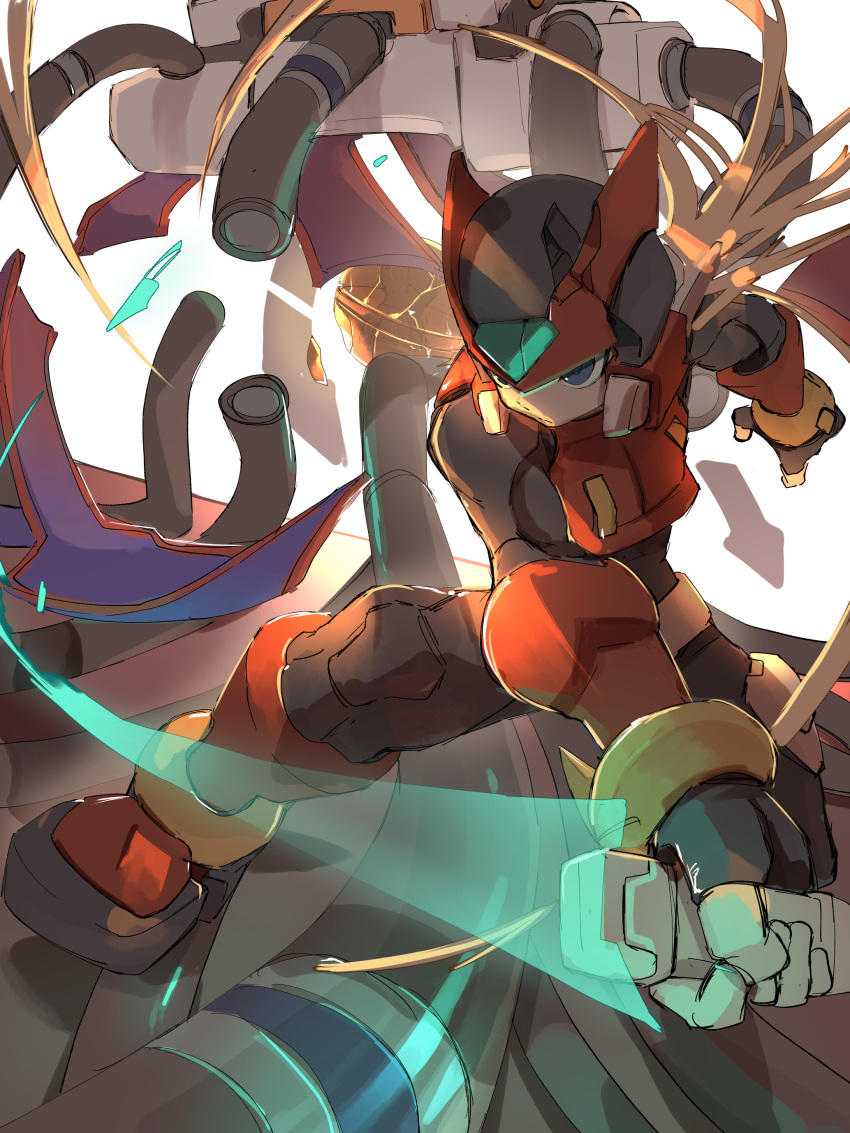 1boy absurdres armor battle commentary_request energy_sword forehead_jewel helmet highres mega_man_(series) mega_man_zero_(series) omochi_(mochi_skymega) red_armor red_helmet solo sword weapon z_saber zero(z)_(mega_man) zero_(mega_man)