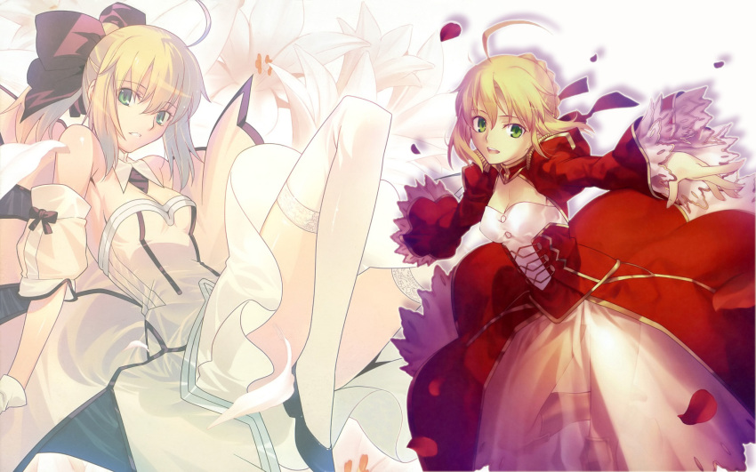 2girls ahoge bare_shoulders blonde_hair boots bow braid breasts cleavage detached_sleeves dress epaulettes fate/extra fate/hollow_ataraxia fate/stay_night fate/unlimited_codes fate_(series) flower gloves green_eyes hair_bow highres knee_boots lily_(flower) multiple_girls open_mouth outstretched_arm petals ponytail saber saber_extra saber_lily see-through takeuchi_takashi thighhighs wallpaper white_legwear