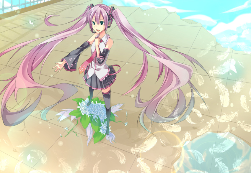 alternate_hair_color detached_sleeves feathers flower hand_on_chest hand_on_own_chest hand_to_chest hatsune_miku headphones headset long_hair necktie open_mouth purple_hair sakino_saku sakura_miku skirt solo thigh-highs thighhighs twintails very_long_hair vocaloid