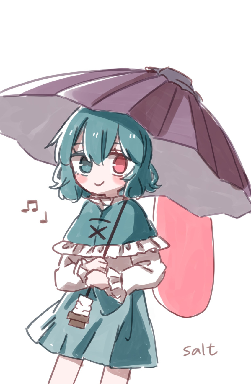 1girl beamed_eighth_notes blue_cape blue_eyes blue_hair blue_sky cape closed_mouth cowboy_shot heterochromia highres holding holding_umbrella long_sleeves looking_at_viewer musical_note purple_umbrella quarter_note red_eyes salt_(saltty) shirt short_hair simple_background sky smile solo tatara_kogasa tongue tongue_out touhou umbrella white_background white_shirt