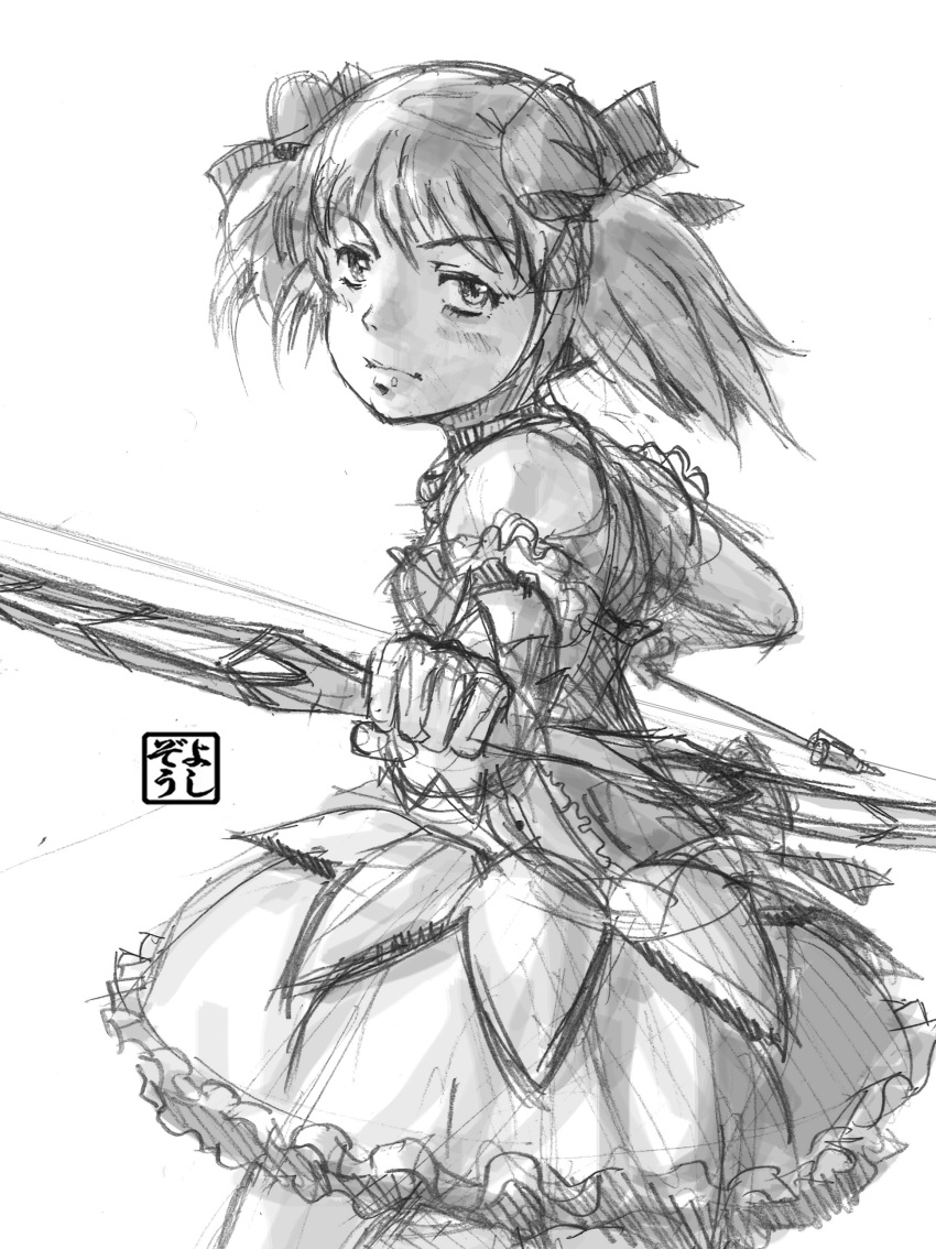 absurdres arrow bow_(weapon) bubble_skirt choker face gloves highres jewelry kaname_madoka lips looking_at_viewer magical_girl mahou_shoujo_madoka_magica monochrome pendant pink_eyes pink_hair puffy_sleeves short_hair short_twintails simple_background sketch solo twintails weapon work_in_progress yoshikawa_kazunori