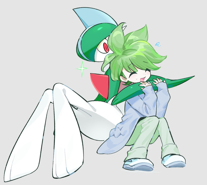 1boy ^_^ arm_around_shoulder arms_up blue_shirt closed_eyes flying_sweatdrops gallade green_hair green_pants grey_background highres long_sleeves looking_to_the_side male_focus open_mouth pants pokemon pokemon_(creature) pokemon_omega_ruby_and_alpha_sapphire red_eyes shirt shoes sideways_glance simple_background sneakers sok_(mr14_c) wally_(pokemon) white_shoes