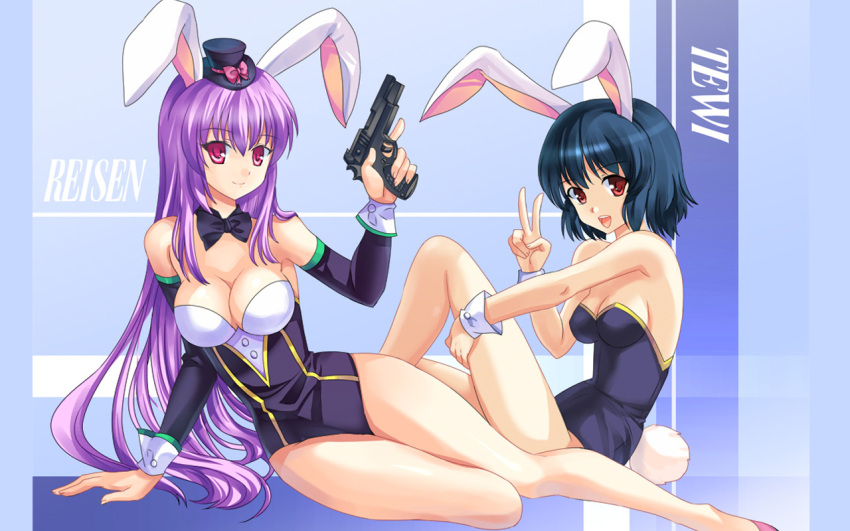 arm_support bare_legs black_hair bowtie breasts bunny_ears bunny_girl bunny_tail bunnysuit cleavage cuffs gun handgun hat high_heels inaba_tewi large_breasts legs long_hair medium_breasts pico_(picollector79) pistol purple_hair red_eyes reisen_udongein_inaba shoes short_hair tail touhou v wallpaper weapon wrist_cuffs