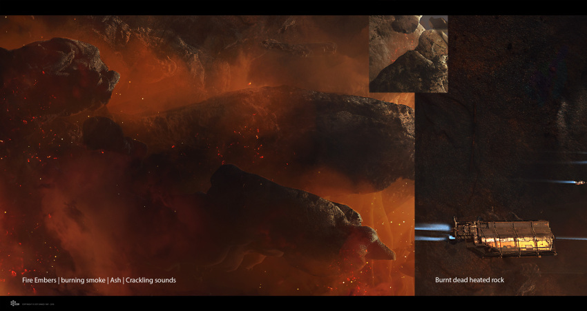 asteroid asteroid_field boulder bowhead_(eve_online) capital_ship_(eve_online) clouds commentary company_logo company_name concept_art daniel_matthews dated dust dust_cloud embers english_commentary english_text eve_online fire fleet floating floating_object floating_rock flying freighter_(eve_online) glowing glowing_hot grand_scale hauling_ship_(eve_online) highres landscape letterboxed logo mountain no_humans official_art outdoors outer_ring_excavations_(eve_online) photorealistic photoshop_(medium) realistic scenery science_fiction smoke space spacecraft thrusters zero_gravity