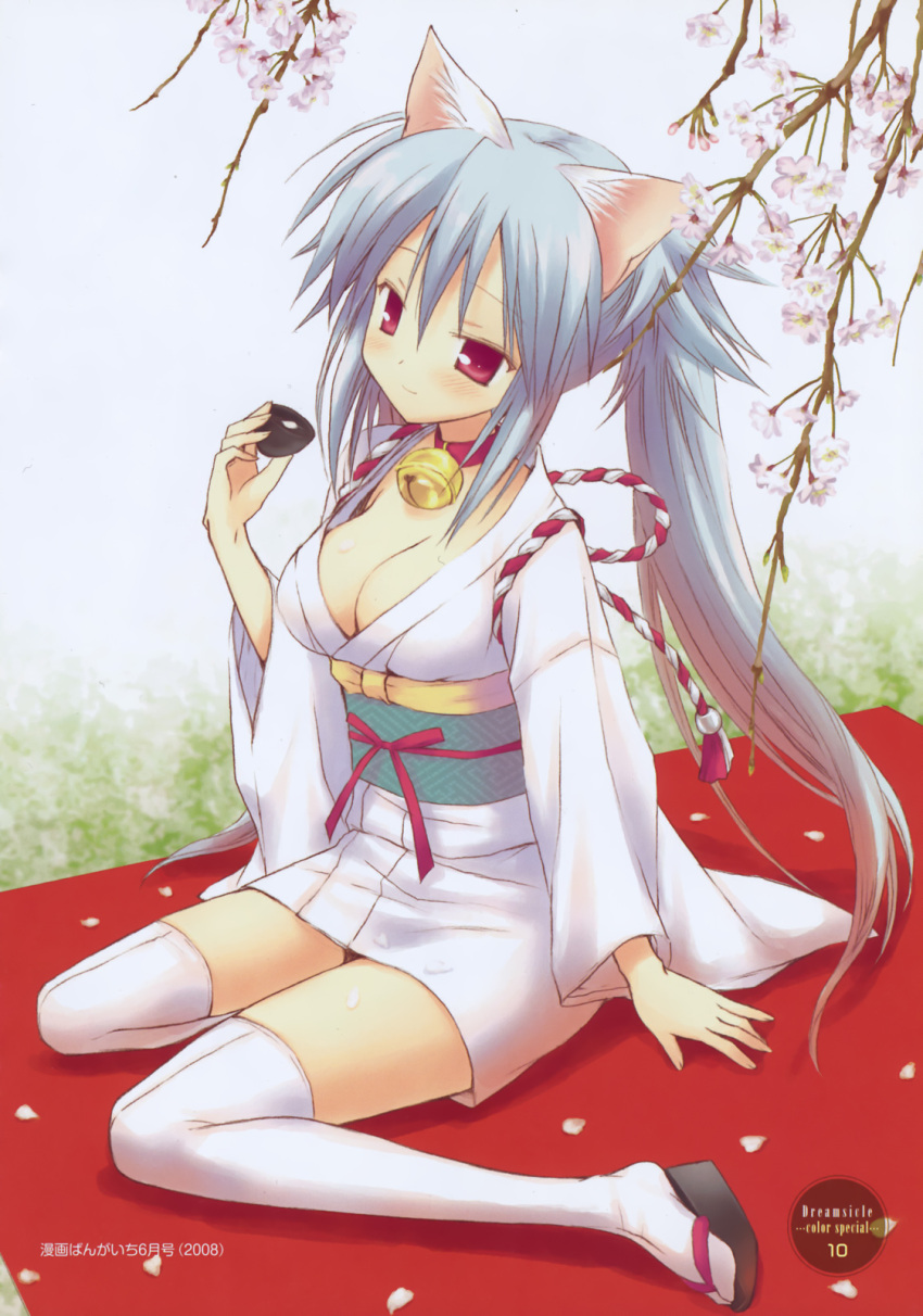 1girl animal_ears bell bell_collar blue_hair breasts cat_ears cherry_blossoms cleavage copyright_request highres japanese_clothes kimono komiya_yuuta large_breasts red_eyes sayagata short_kimono sitting solo source_request thigh-highs thighhighs tree wariza yukata