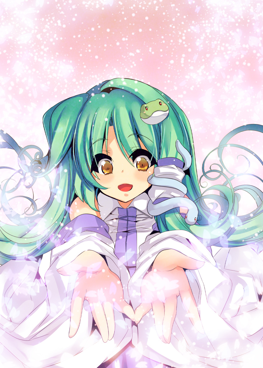 absurdres bare_shoulders bust curly_hair detached_sleeves eyelashes fujishima-01 green_hair hair_ornament highres kochiya_sanae light long_hair open_hands outstretched_arms outstretched_hand petals snake solo touhou yellow_eyes