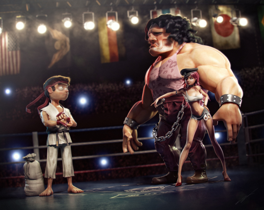 3d arena breasts brown_hair capcom cuffs denim denim_shorts final_fight fingerless_gloves gloves handcuffs hat headband highres hugo_andore pink_hair poison_(final_fight) ryuu_(street_fighter) shorts street_fighter street_fighter_iii tank_top victor_hugo_queiroz wrestling_ring