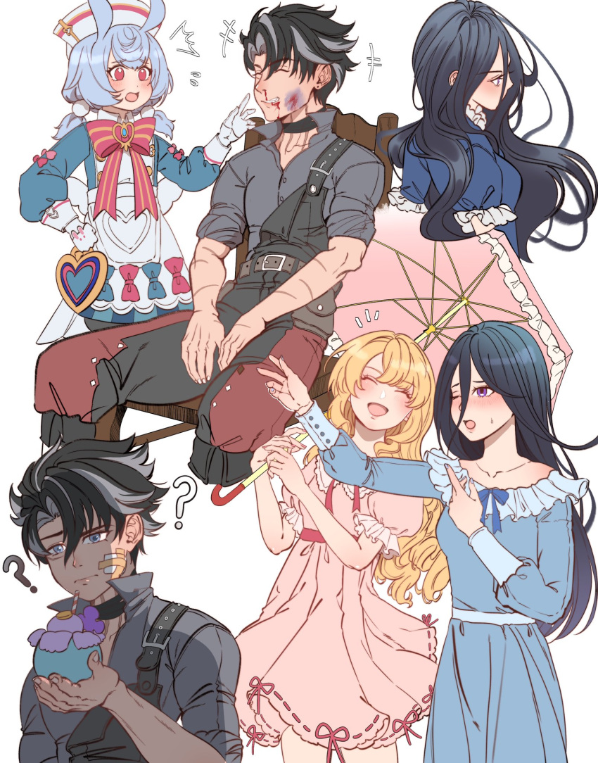 1boy 3girls aged_down apron aqua_bow aqua_dress aqua_shirt bandaged_neck bandages black_bandages blonde_hair blood blue_hair blue_nightgown bow bowtie bruise bruise_on_face clorinde_(genshin_impact) commentary dress drill_hair drill_sidelocks genshin_impact gloves hair_between_eyes hair_ornament hat highres holding holding_umbrella injury long_hair long_hair_between_eyes long_sleeves low_twintails melusine_(genshin_impact) milkshake multicolored_hair multiple_girls navia_(genshin_impact) nightgown nosebleed nurse_cap pink_bow pink_nightgown pink_umbrella pom_pom_(clothes) pom_pom_hair_ornament puffy_shorts rchella red_bow red_bowtie red_eyes scar scar_on_arm scar_on_neck shirt shorts sidelocks sigewinne_(genshin_impact) smile twintails umbrella untranslatable_commentary white_apron white_gloves white_hat wriothesley_(genshin_impact)