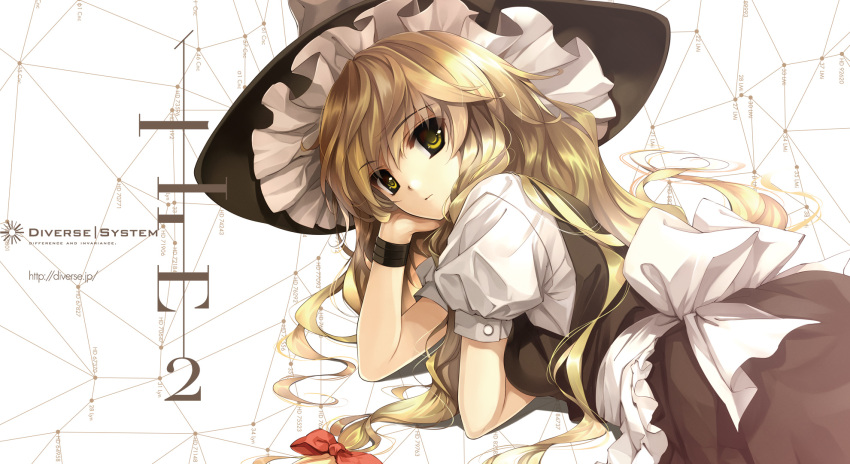 apron blonde_hair bow bracelet buttons cancer_(constellation) chin_rest constellation diverse_system dress elbow hair_ornament hair_ribbon hat highres jewelry kirisame_marisa leo_minor_(constellation) long_hair lynx_(constellation) misaki_kurehito on_stomach ribbon solo star_chart touhou wallpaper witch witch_hat yellow_eyes
