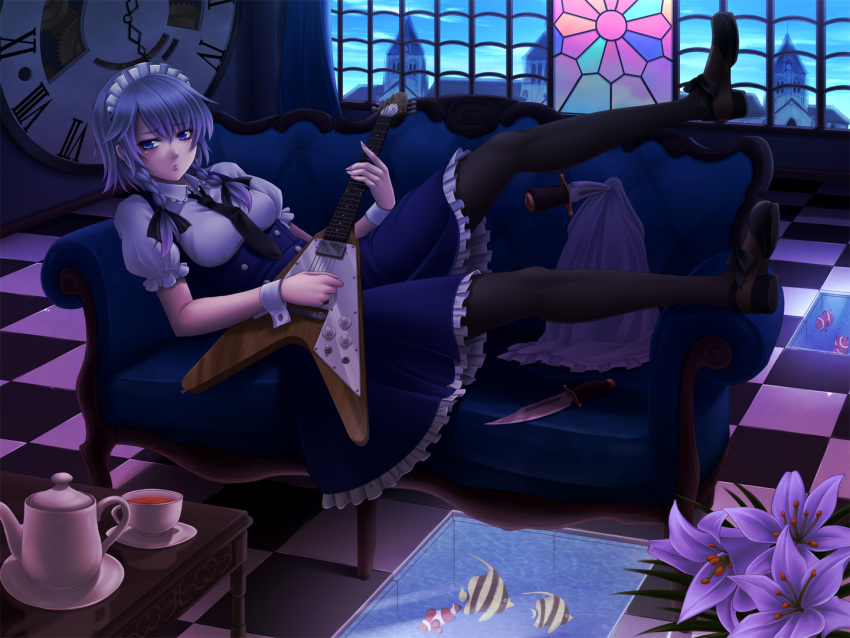 black_legwear black_pantyhose blue_eyes braid couch flower guitar instrument izayoi_sakuya knife maid maid_headdress mochi.f pantyhose short_hair silver_hair solo throwing_knife touhou twin_braids weapon