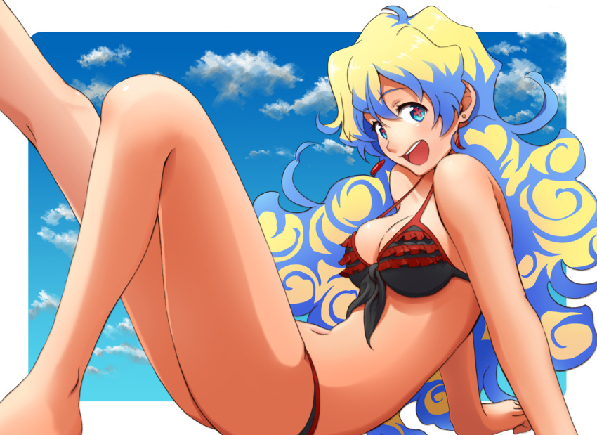 1girl arm_support bikini blue_hair blush cloud clouds frilled_bikini frills front-tie_top happy isshin jewelry long_hair multicolored_hair murata_isshin nia_teppelin open_mouth sitting smile solo swimsuit tengen_toppa_gurren-lagann tengen_toppa_gurren_lagann two-tone_hair