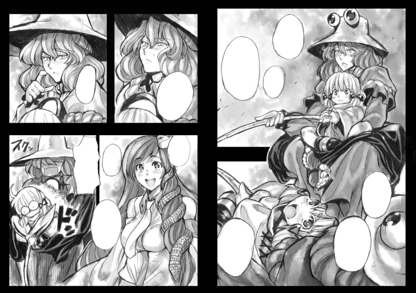 hat itagayui kochiya_sanae monochrome moriya_suwako multiple_girls sitting snake surprised touhou warainaku yasaka_kanako