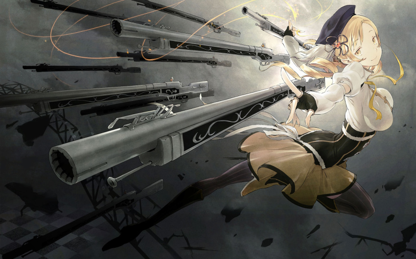 arm_warmers backlighting beret blonde_hair breasts drill_hair fingerless_gloves foreshortening gloves gun hat highres magical_girl magical_musket mahou_shoujo_madoka_magica ornate outstretched_arms puffy_sleeves qni rifle short_hair slender_waist smile solo spread_arms thigh-highs thighhighs tomoe_mami twintails weapon yellow_eyes