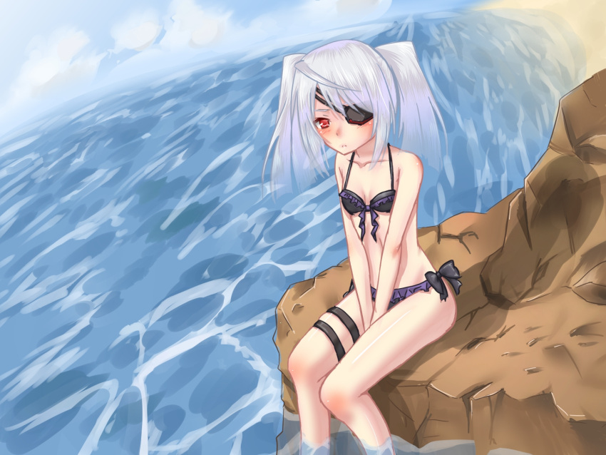 beach blush breasts eyepatch front-tie_top highres infinite_stratos laura_bodewig long_hair moffuu ocean red_eyes rock silver_hair small_breasts solo swimsuit twintails
