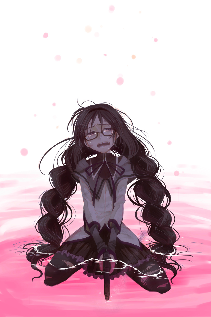absurdres akemi_homura alternate_hairstyle black_hair braid dirty doku_ta_pepperko glasses gun hair_ornament hairband highres kneeling long_hair magical_girl mahou_shoujo_madoka_magica messy_hair open_mouth pantyhose purple_eyes red-framed_glasses ribbon skirt solo spoilers tears torn_clothes torn_pantyhose twin_braids twintails violet_eyes water weapon