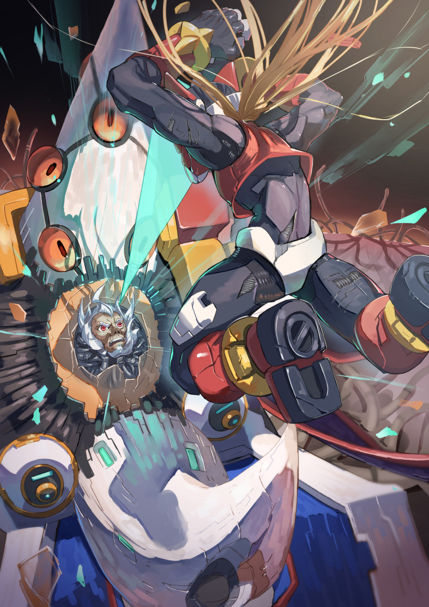 2boys armor battle blonde_hair dr._weil_(mega_man) energy_sword helmet highres holding holding_sword holding_weapon long_hair male_focus mega_man_(series) mega_man_zero_(series) mega_man_zero_4 multiple_boys omochi_(mochi_skymega) red_armor red_helmet sword weapon z_saber zero(z)_(mega_man) zero_(mega_man)