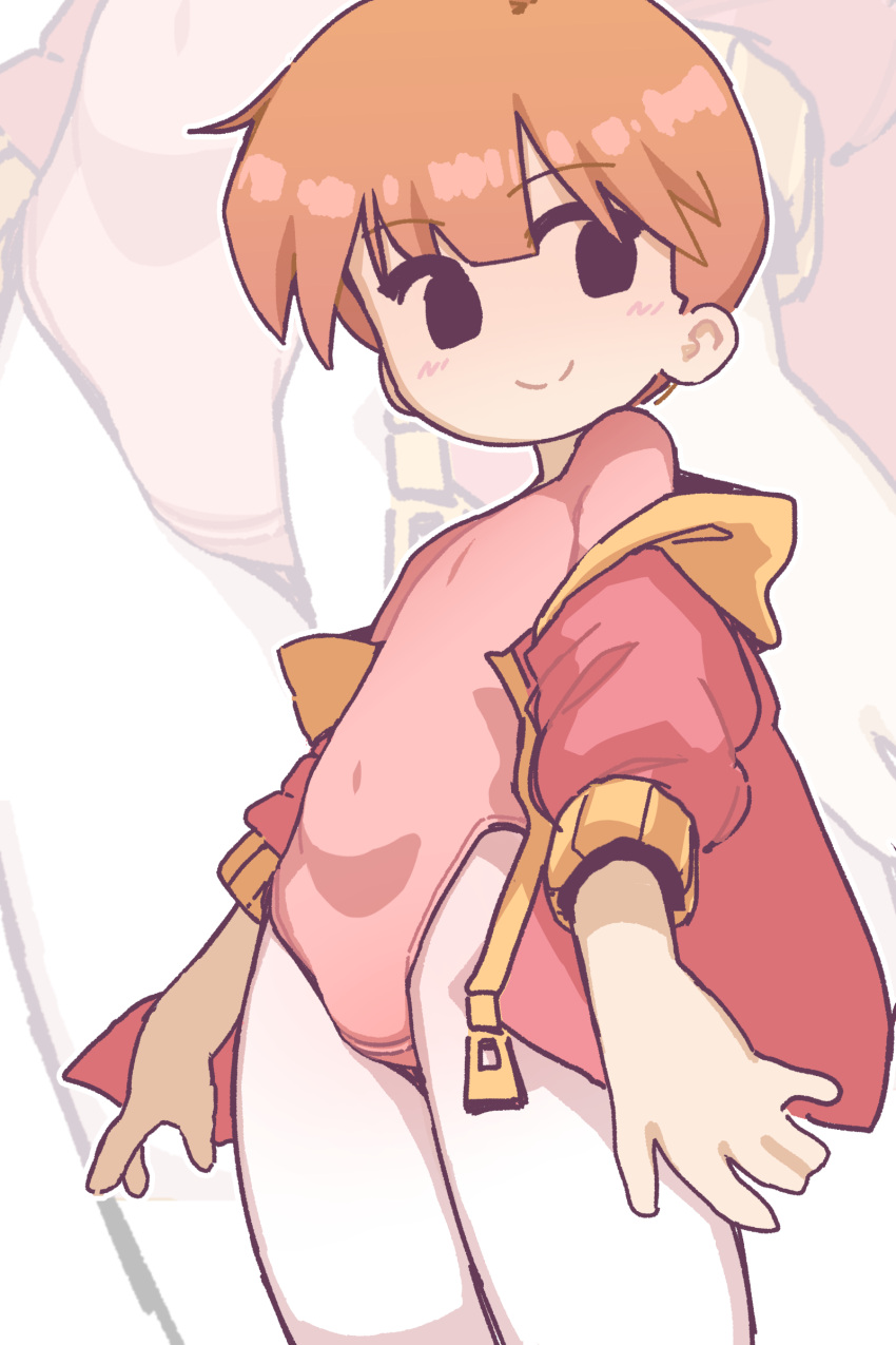 1girl absurdres athletic_leotard coat commentary_request flat_chest highres hood hoodie leotard orange_hair orenjipiiru original pantyhose pink_coat pink_hoodie pink_leotard pixie_cut short_hair simple_background tight_clothes tomboy tomboy_(orenji) very_short_hair white_background white_pantyhose
