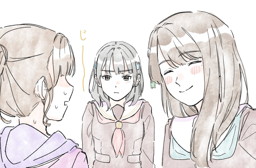 3girls ^_^ animification blush brown_dress brown_hair closed_eyes closed_mouth commentary_request dress facing_another false_smile green_neckerchief hair_ornament hanamiya_nina hasu_no_sora_school_uniform highres hood hood_down hooded_jacket jacket kurusu_rin light_frown long_hair long_sleeves love_live! love_live!_hasu_no_sora_jogakuin_school_idol_club mole mole_under_eye multiple_girls neckerchief nervous_sweating nirei_nozomi open_mouth pink_jacket ponytail porari purple_hood rabbit_hair_ornament real_life red_neckerchief sailor_collar sailor_dress school_uniform simple_background smile staring sweat tassel tassel_hair_ornament upper_body voice_actor white_background white_sailor_collar winter_uniform