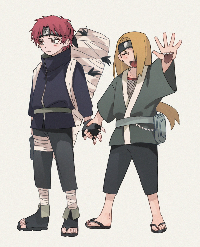 2boys ^_^ asymmetrical_bangs bandages belt black_gloves black_jacket black_pants black_sandals blonde_hair blush brown_eyes closed_eyes deidara_(naruto) extra_mouth fanny_pack fingerless_gloves fishnet_top fishnets forehead_protector gloves hair_over_one_eye happy highres holding_hands jacket japanese_clothes kimono looking_at_viewer low_ponytail male_focus multiple_boys naruto_(series) naruto_shippuuden pants ponytail red_hair sandals sasori_(naruto) short_hair simple_background so_men04 tsundere white_background white_belt