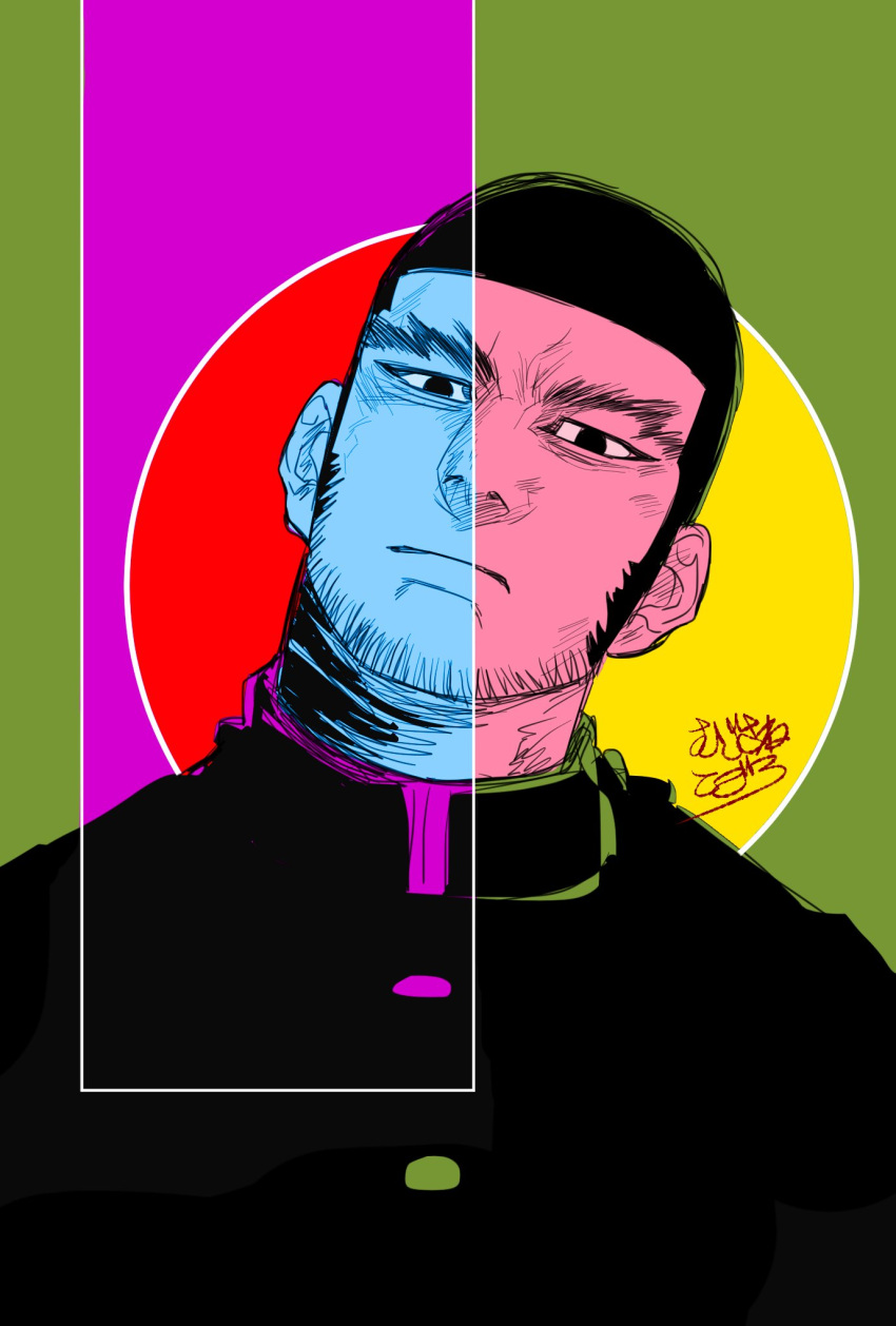 1boy beard_stubble black_hair buzz_cut circle colorful commentary_request expressionless facial_hair golden_kamuy green_background head_tilt highres imperial_japanese_army long_sideburns male_focus mature_male mujisane_togoro portrait short_hair sideburns solo stubble tanigaki_genjirou thick_eyebrows tsurime very_short_hair