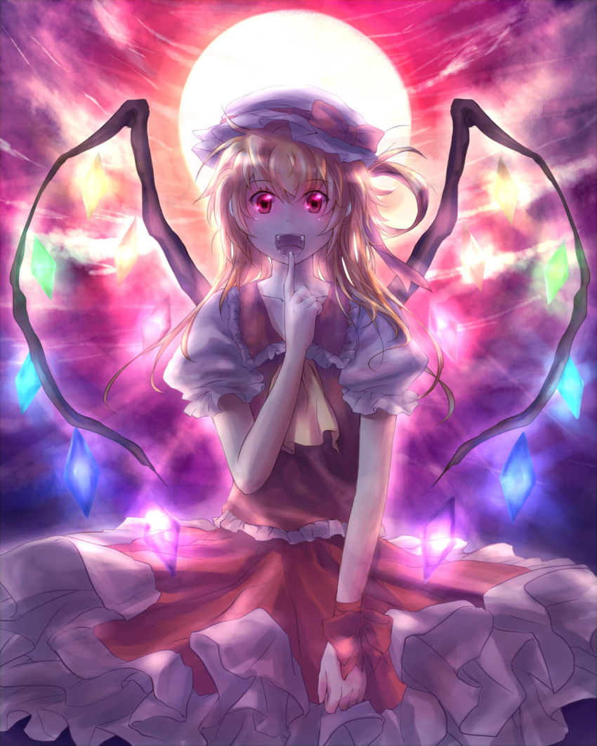 ascot blonde_hair bow dress fang flandre_scarlet happy hat highres long_hair moon necktie nya? pointing red_eyes ribbon solo the_embodiment_of_scarlet_devil touhou vampire wings wrist_cuffs