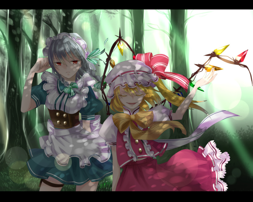 artist_request bad_id blonde_hair bow braid closed_eyes corset flandre_scarlet forest hat highres izayoi_sakuya kurohal letterboxed maid maid_headdress multiple_girls nature red_eyes shade short_hair side_ponytail silver_hair thigh_strap touhou twin_braids wings