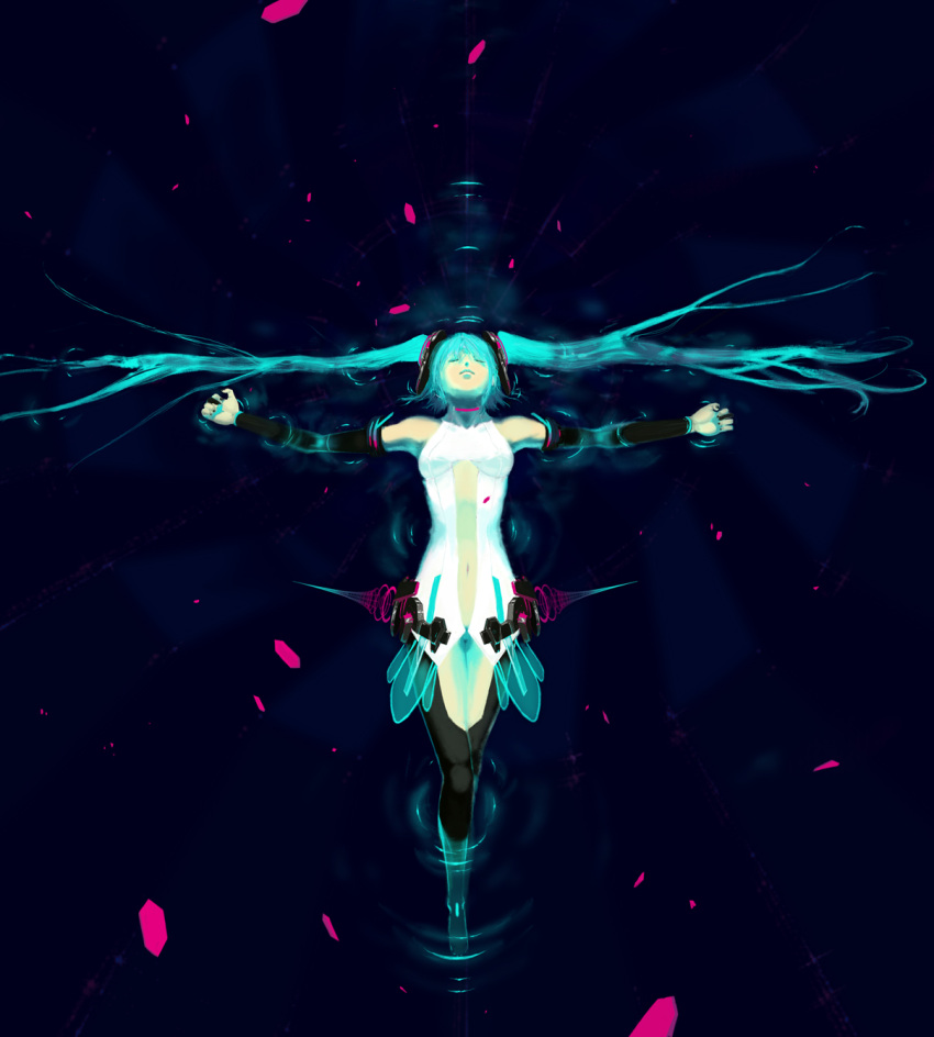 aqaqico aqua_hair bridal_gauntlets closed_eyes eyes_closed hatsune_miku hatsune_miku_(append) highres long_hair miku_append navel necktie outstretched_arms solo spread_arms twintails very_long_hair vocaloid vocaloid_append water