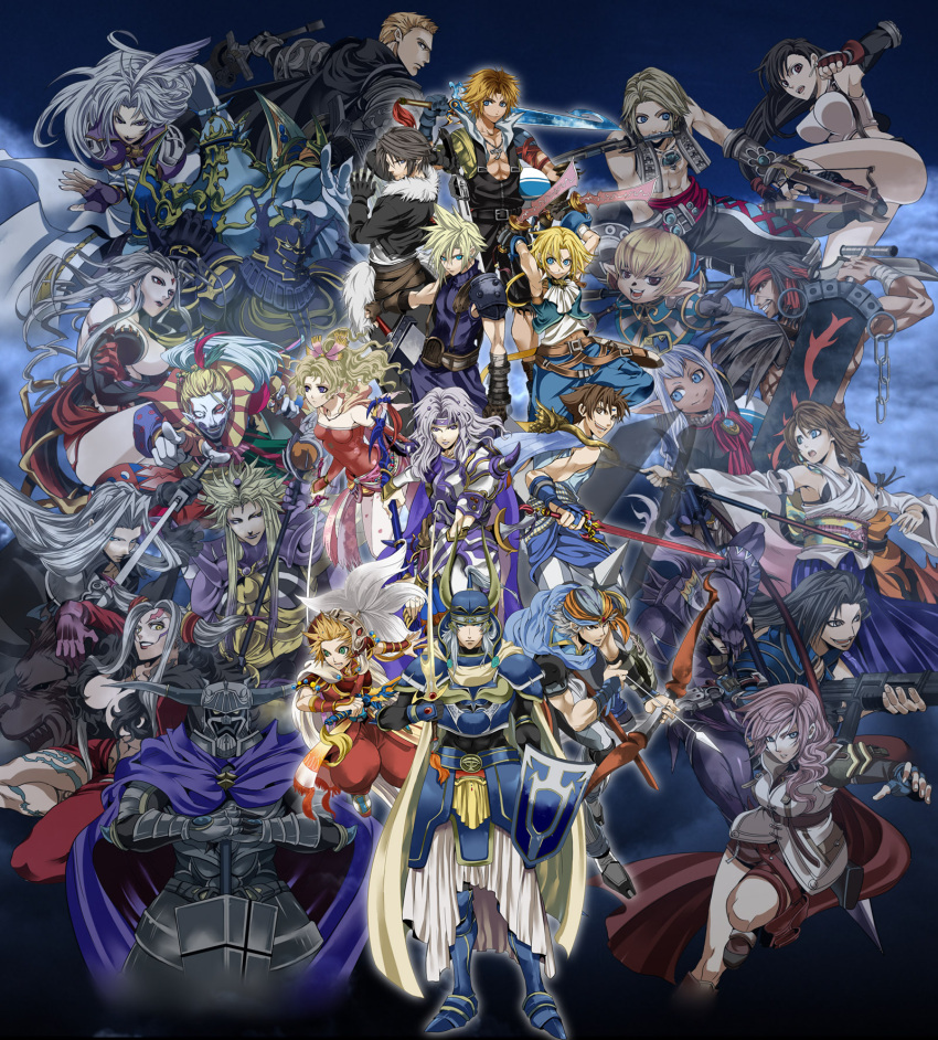 6+boys 6+girls absolutely_everyone armor ass asu_(asoras) asu_(pixiv) bare_shoulders belt black_hair blonde_hair blue_eyes boots bow_(weapon) breasts brown_eyes brown_hair butz_klauser cain_highwind cape cecil_harvey cefca_palazzo chain chains cloud_of_darkness cloud_strife coat collar crossbow dagger detached_sleeves dissidia_012_final_fantasy dissidia_final_fantasy dual_wielding elf elvaan emperor_(ff2) everyone exdeath facial_mark final_fantasy final_fantasy_i final_fantasy_ii final_fantasy_iii final_fantasy_iv final_fantasy_ix final_fantasy_v final_fantasy_vi final_fantasy_vii final_fantasy_viii final_fantasy_x final_fantasy_xi final_fantasy_xii final_fantasy_xiii frioniel frown full_armor gabranth garland_(ff1) gauntlets gloves golbeza green_eyes gun happy headband helmet highres horns japanese_clothes jecht jewelry kuja laguna_loire lightning_farron long_hair low-tied_long_hair multiple_boys multiple_girls necklace onion_knight pantyhose pointing pointy_ears ponytail prishe purple_eyes purple_hair red_eyes running scarf sephiroth serious shantotto shield shoes silver_hair smile spiked_hair spiky_hair squall_leonhart sword tarutaru tidus tifa_lockhart tina_branford ultimecia vaan vest wand warrior_of_light weapon yuna zidane_tribal