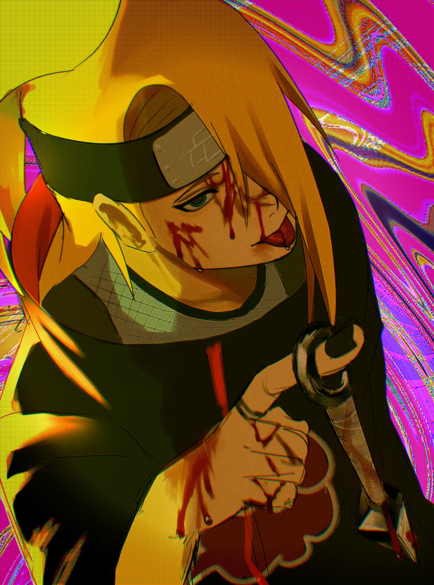 1boy akatsuki_uniform asymmetrical_bangs black_eyeliner black_nails blonde_hair blood blood_on_face blood_on_hand deidara_(naruto) dutch_angle eyeliner fishnet_top fishnets forehead_protector hair_over_one_eye high_ponytail highres kunai long_hair looking_at_viewer makeup male_focus naruto_(series) naruto_shippuuden ponytail syabo tongue tongue_out weapon