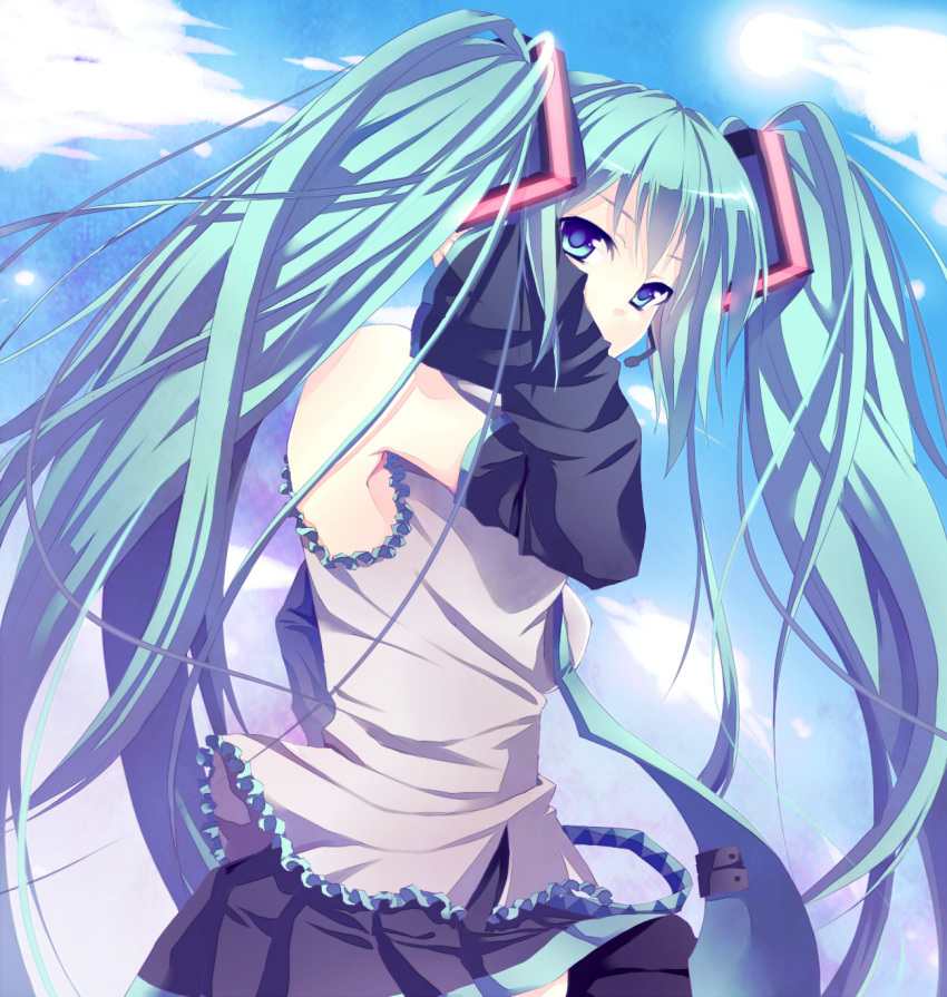 bare_shoulders blue_eyes detached_sleeves hair_ornament hand_in_hair hatsune_miku headset highres long_hair miniskirt necktie pleated_skirt skirt twintails very_long_hair vocaloid xayux