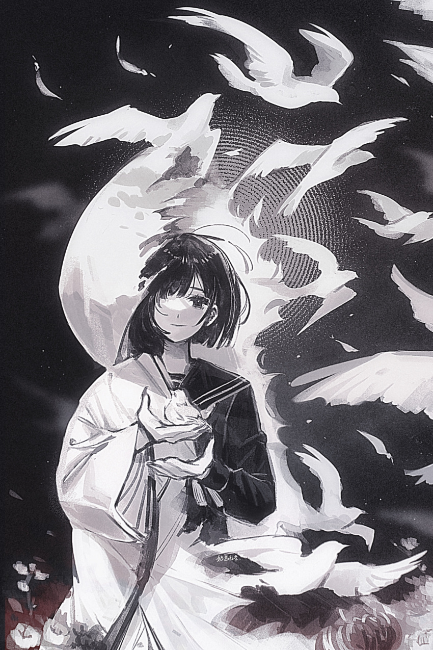 1girl absurdres animal bird chinese_commentary closed_mouth commentary_request cowboy_shot dual_persona fingernails flower greyscale hair_over_one_eye highres holding holding_animal holding_bird japanese_clothes kimono long_sleeves looking_at_viewer monochrome nai_gai_hongcha one_eye_covered sailor_collar school_uniform serafuku sharp_fingernails shimizu_hinako shiromuku_(silent_hill) silent_hill_(series) silent_hill_f smile solo spoilers standing torn_clothes transformation uchikake white_bird