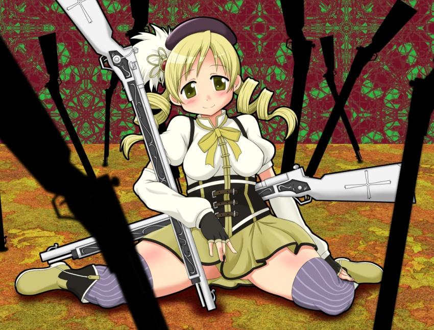 anison beret blonde_hair boots breasts detached_sleeves drill_hair fingerless_gloves gloves gun hair_ornament hat kneeling magical_girl magical_musket mahou_shoujo_madoka_magica pleated_skirt puffy_sleeves rifle skindentation skirt smile solo thigh-highs thighhighs tomoe_mami weapon yellow_eyes zettai_ryouiki