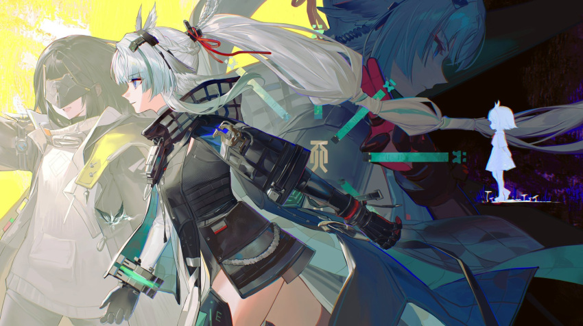2girls animal_ears aqua_cape arcane_(arknights) arknights arknights:_endfield bird_ears bird_girl black_cape black_coat black_gloves black_hair black_mask blindfold_mask blue_eyes cape closed_mouth coat endministrator_(arknights) female_endministrator_(arknights) from_side gloves grey_hair head_wings highres kaido_jun long_hair long_sleeves mask multicolored_gloves multiple_girls open_clothes open_coat ponytail profile red_gloves short_hair smile sweater thigh-highs two-sided_cape two-sided_fabric two-sided_gloves two-tone_cape two-tone_gloves white_sweater wings