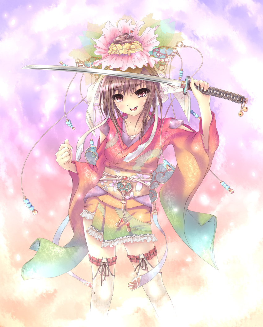 flower garters hair_flower hair_ornament highres japanese_clothes kimono peroshiti_aniki solo sword weapon